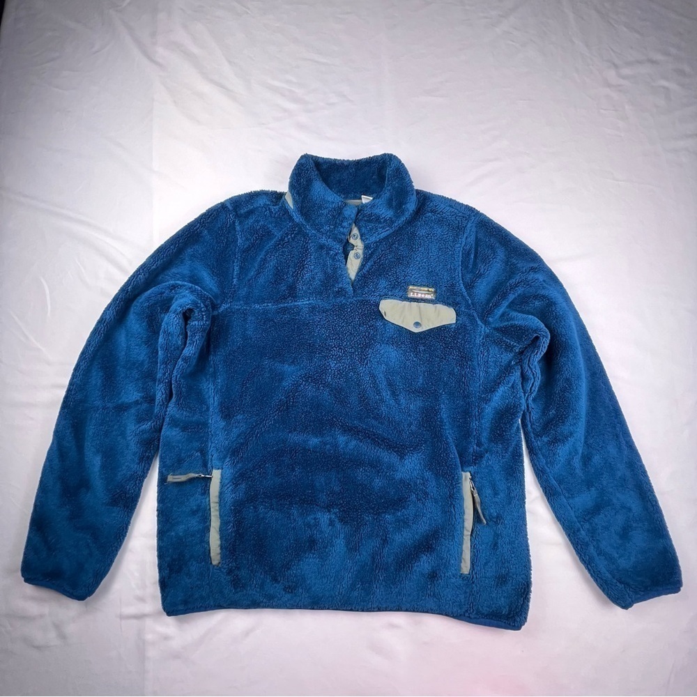 L.L. Bean Women’s Fleece Sweater - Large - Front pocket - Royal Blue and Greige